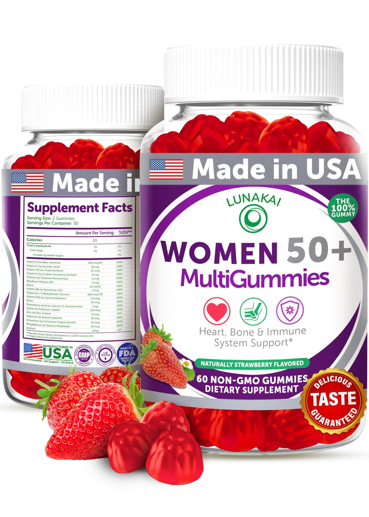 Lunakai 50+ multivitamin gummies bottle, supports daily energy and vitality.