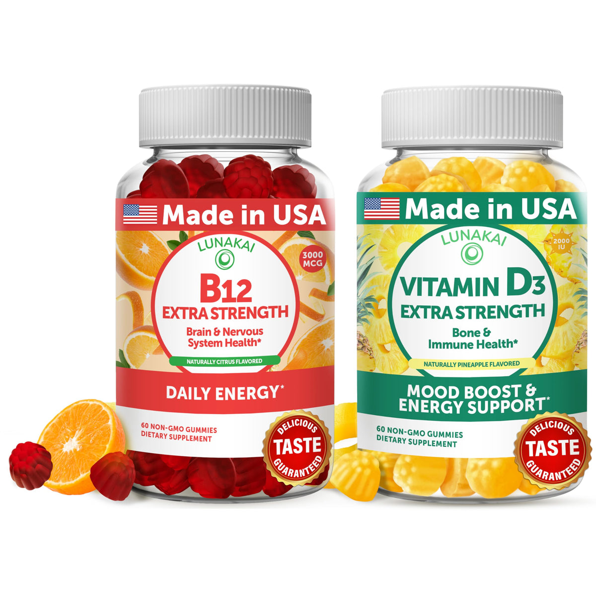 Lunakai B12 D3 gummies bottle ready for daily energy support with a tasty chew.