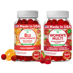 Lunakai B12 gummies bottle close-up showing energy-supporting formula