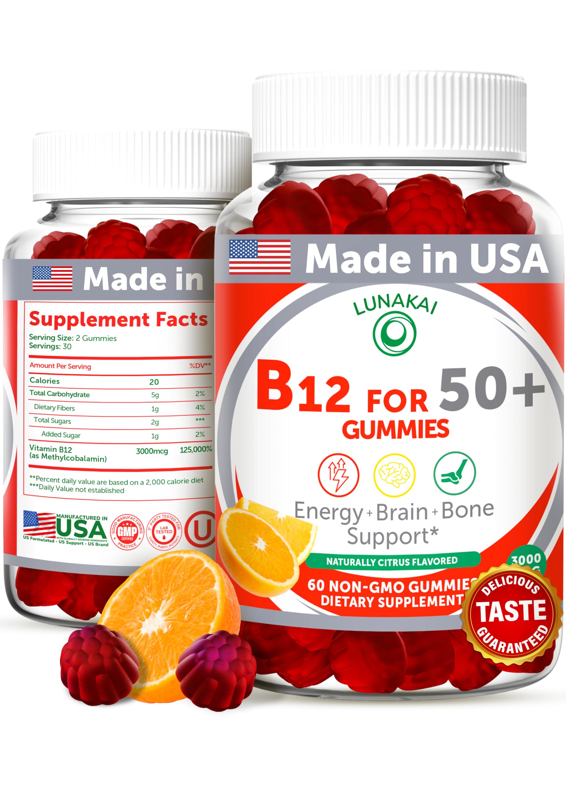 Lunakai B12 gummies orange bottle suggesting daily energy support
