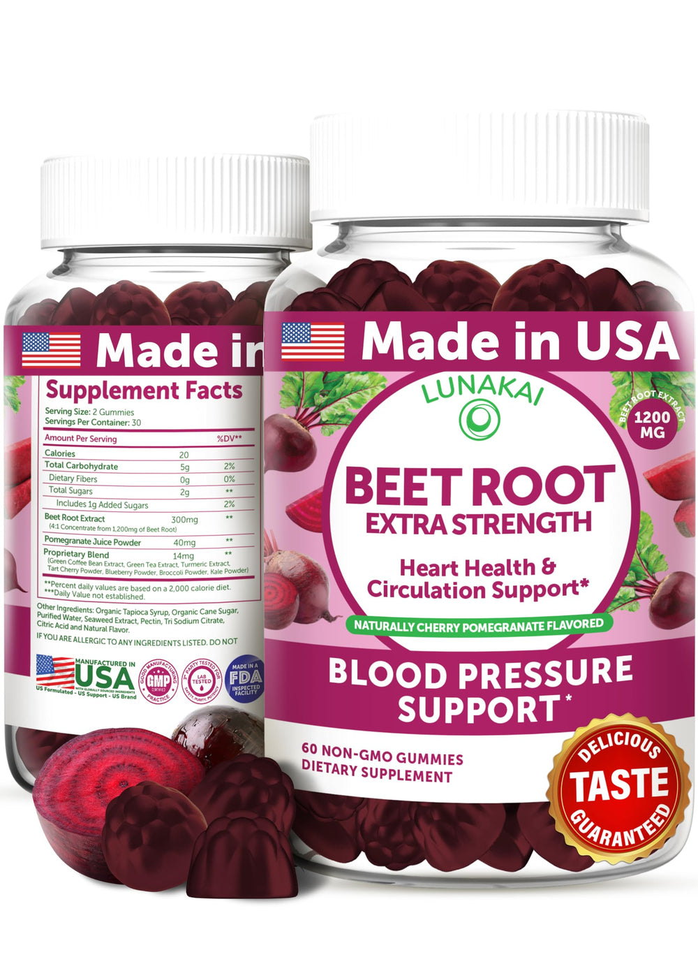 Lunakai beet root gummies bottle top view highlights convenient daily chew