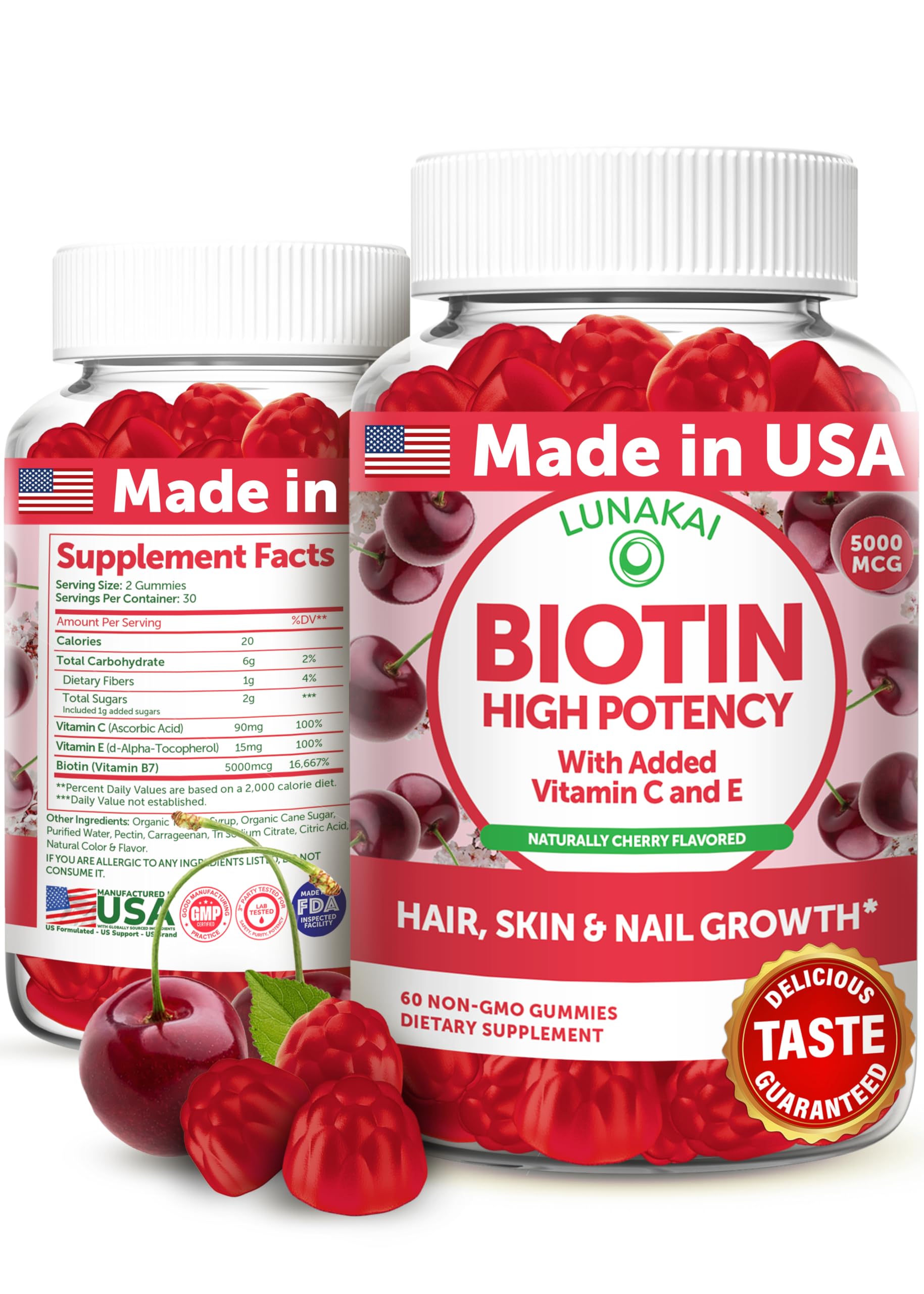 Lunakai biotin gummies bottle with cherry flavor for hair, nails, and skin.