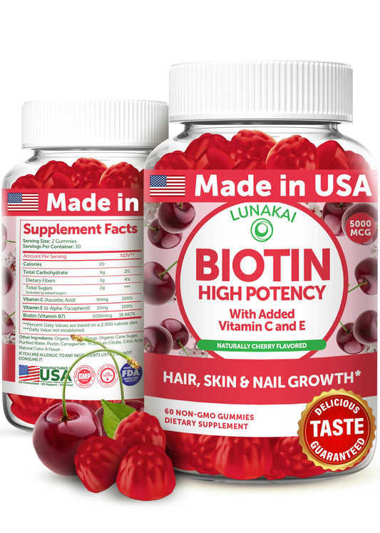 Lunakai biotin gummies bottle with cherry flavor for hair, nails, and skin.