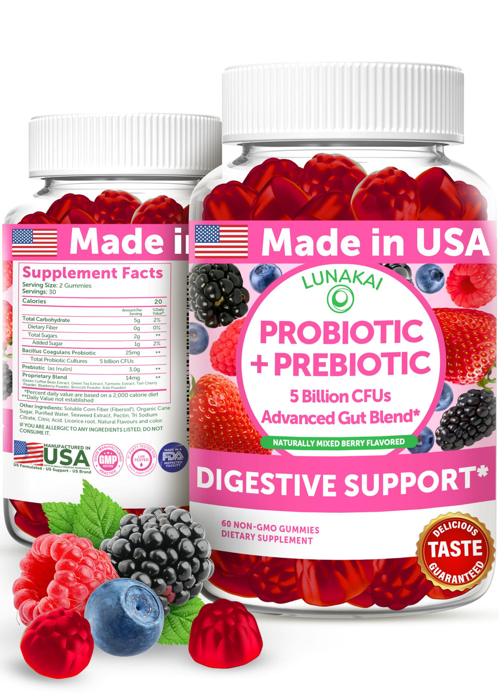 Lunakai bottle with berry-flavored probiotic gummies for daily gut support.