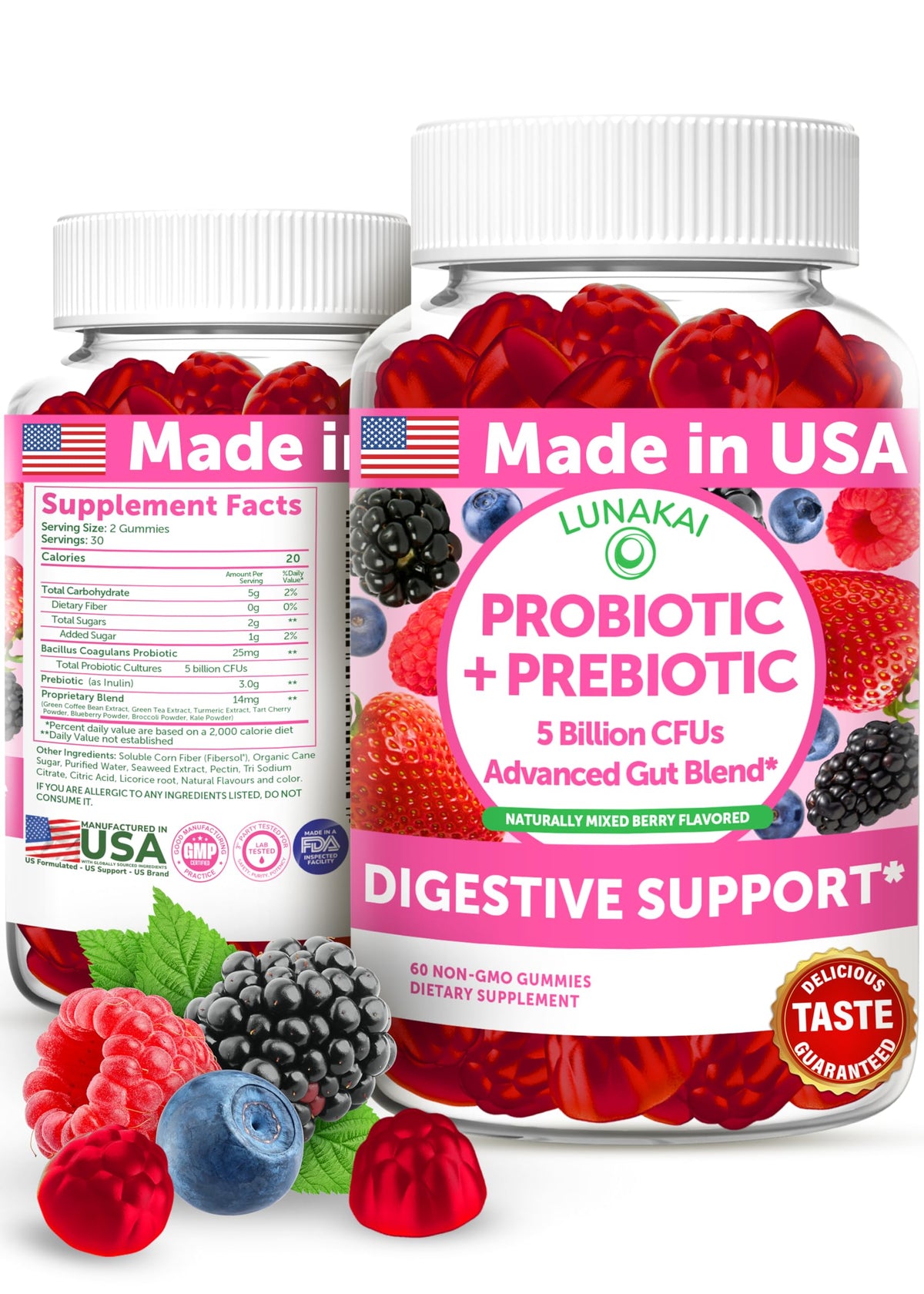 Lunakai bottle with berry-flavored probiotic gummies for daily gut support.