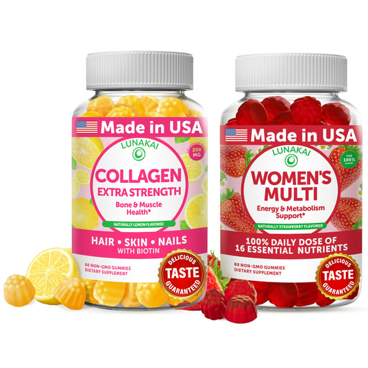 Lunakai bundle packaging shows easy daily gummies for skin and hair support.
