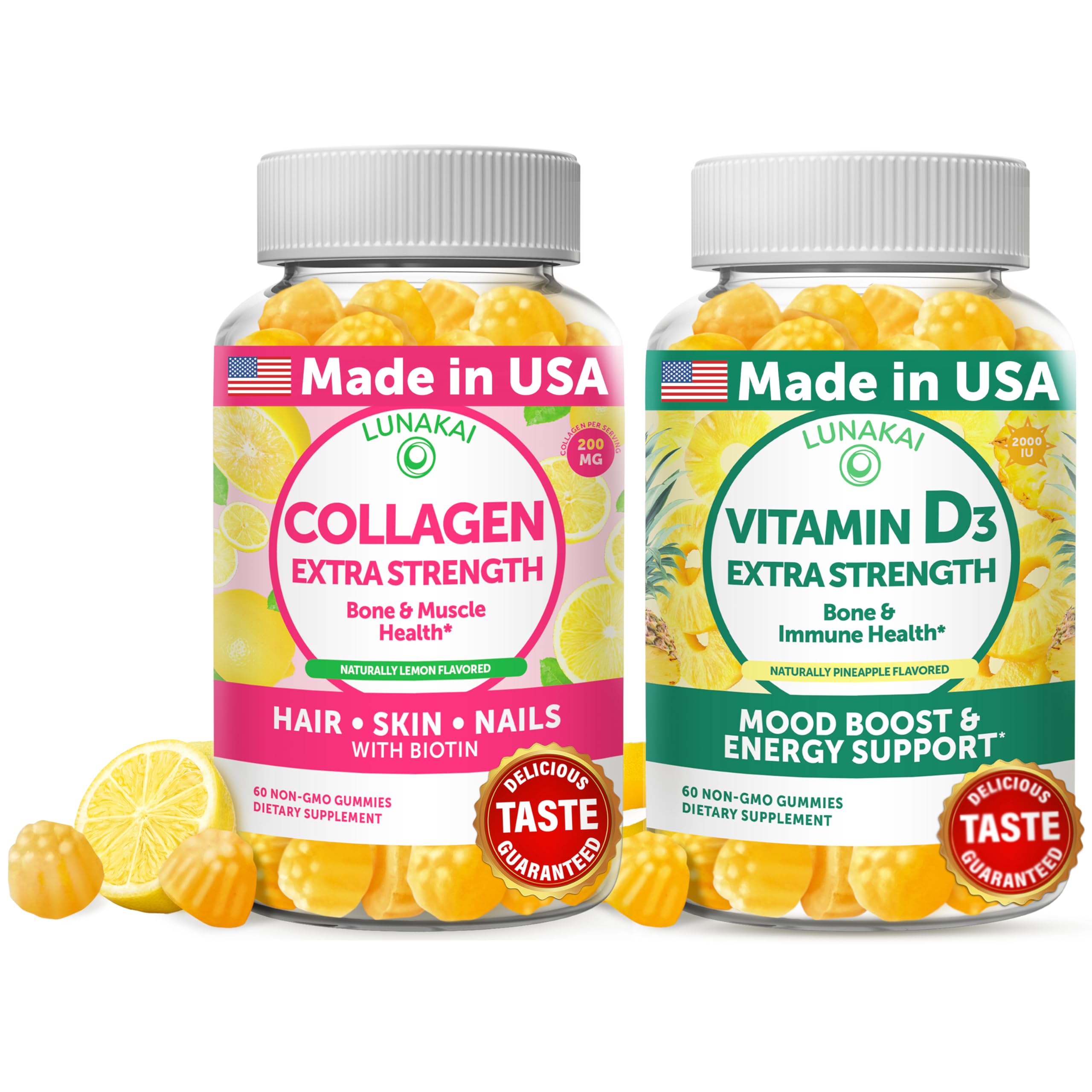 Lunakai Collagen D3 Gummies bottle for daily skin and bone support