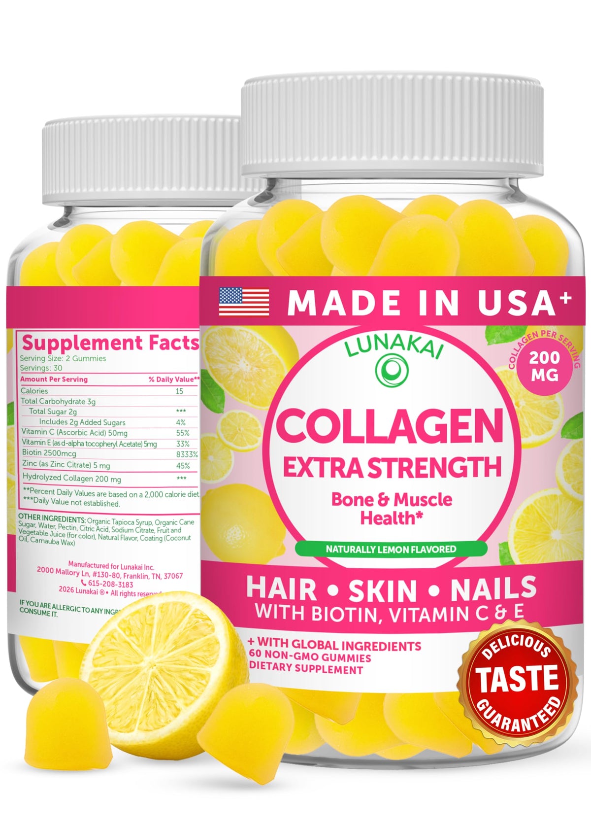 Lunakai collagen gummies bottle front, showcasing USA-made quality for hair, skin, and nails.