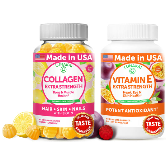 Lunakai collagen gummies bottle showing skin, nails, and joints support in a tasty daily option.