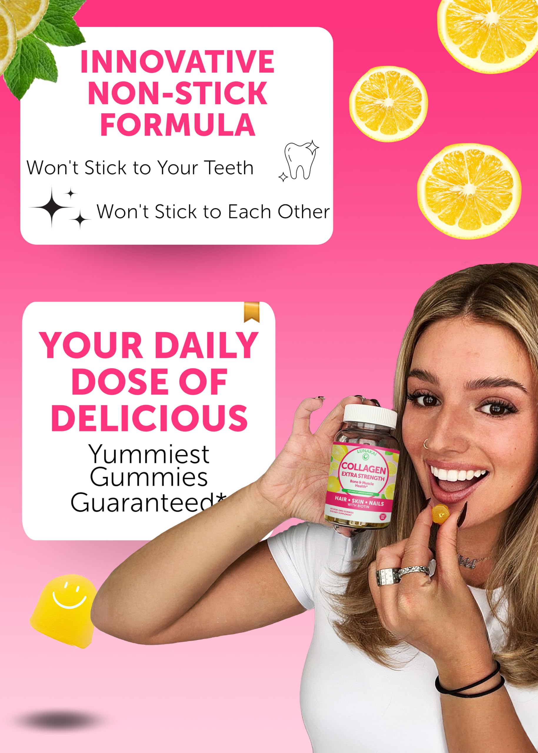 Lunakai collagen gummies in hand for a quick daily beauty boost.