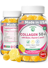 Lunakai collagen gummies lemon bottle promotes skin elasticity and joints.