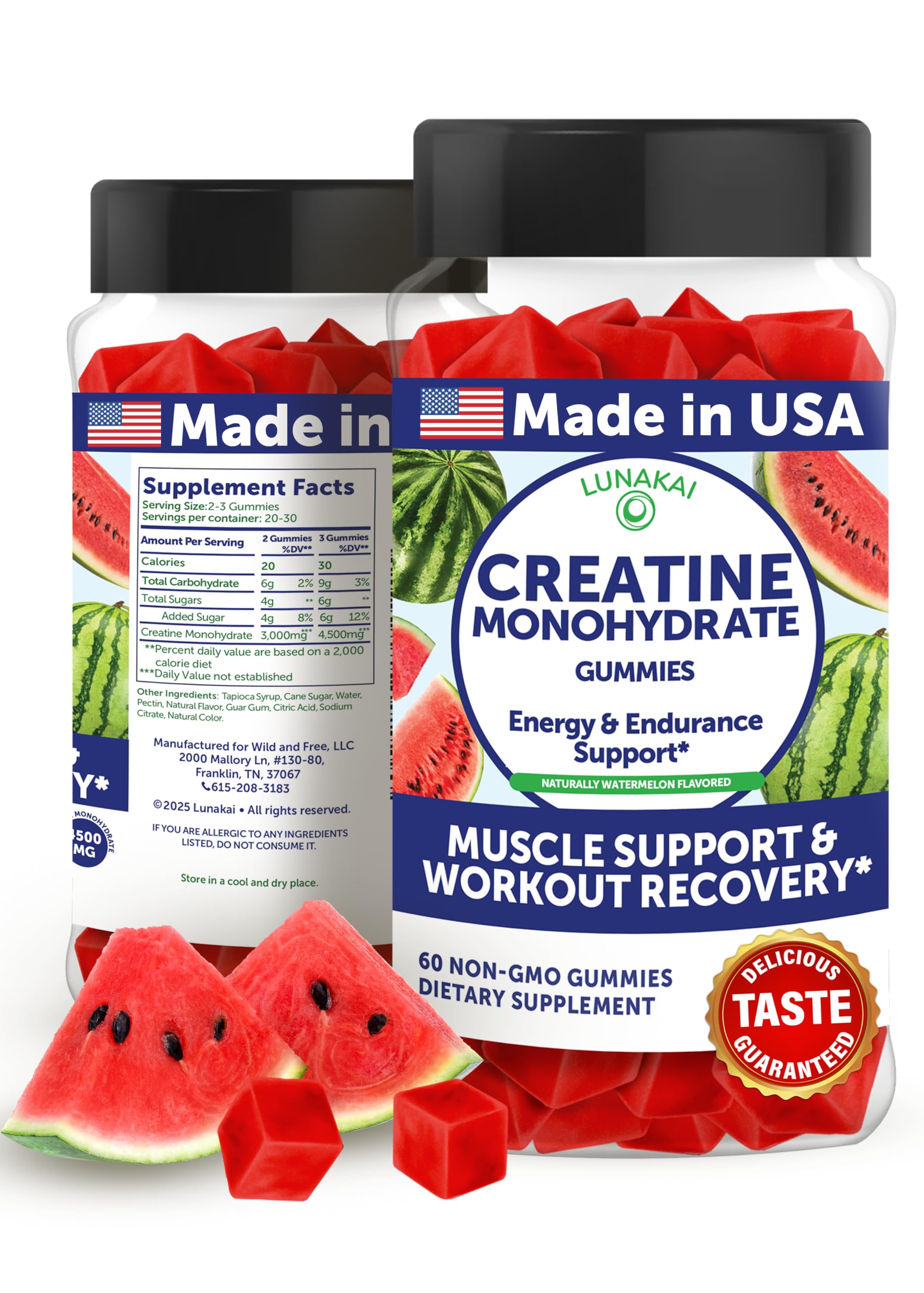 Lunakai creatine gummies packaging in a 60-count bottle for on-the-go use.