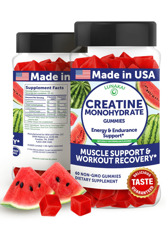 Lunakai creatine gummies packaging in a 60-count bottle for on-the-go use.
