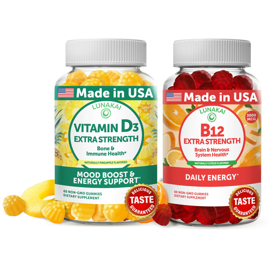 Lunakai D3 and B12 gummies orange bottle offering convenient daily energy support.