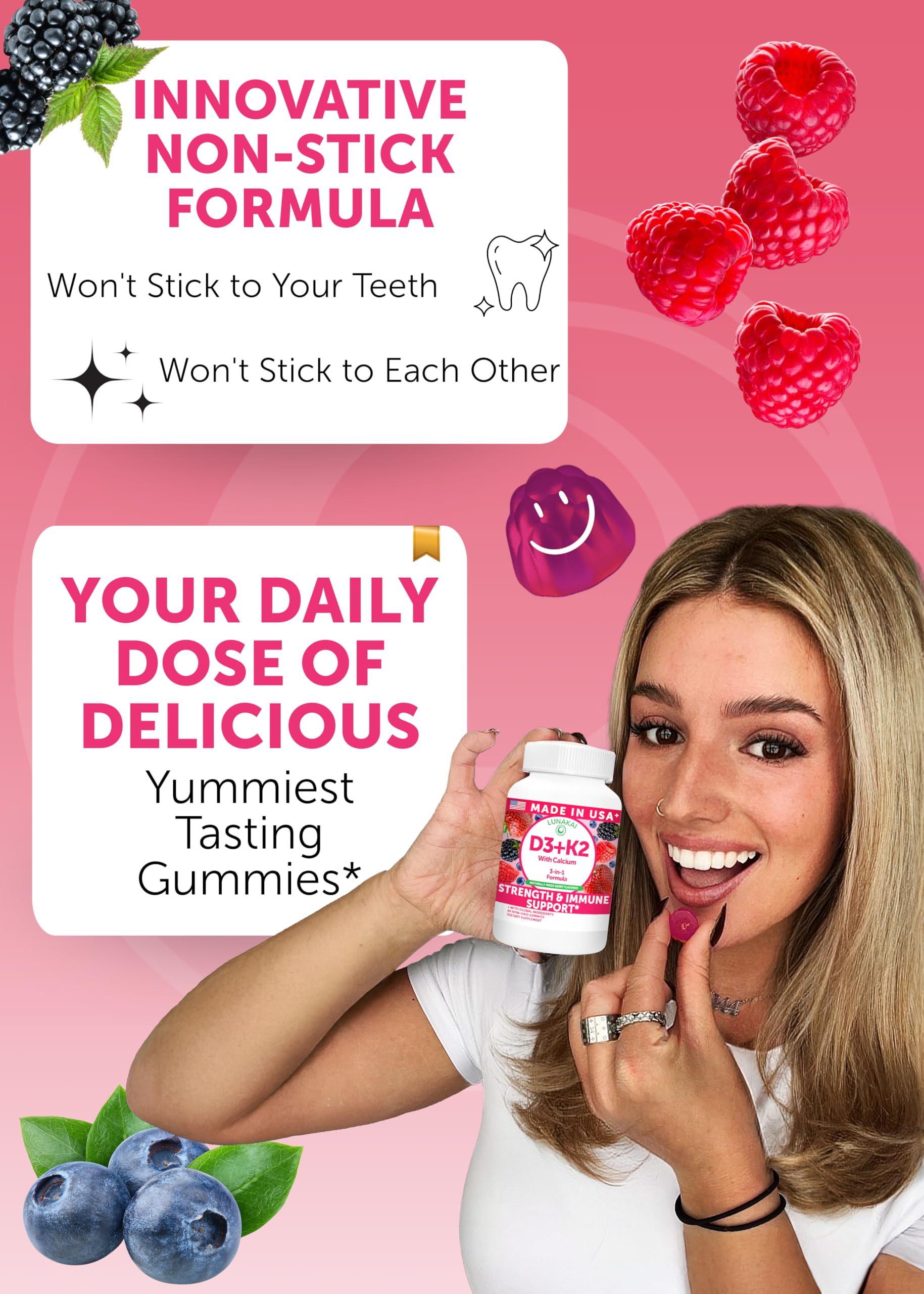 Lunakai D3 K2 Calcium Gummies berry flavor appeals to families.