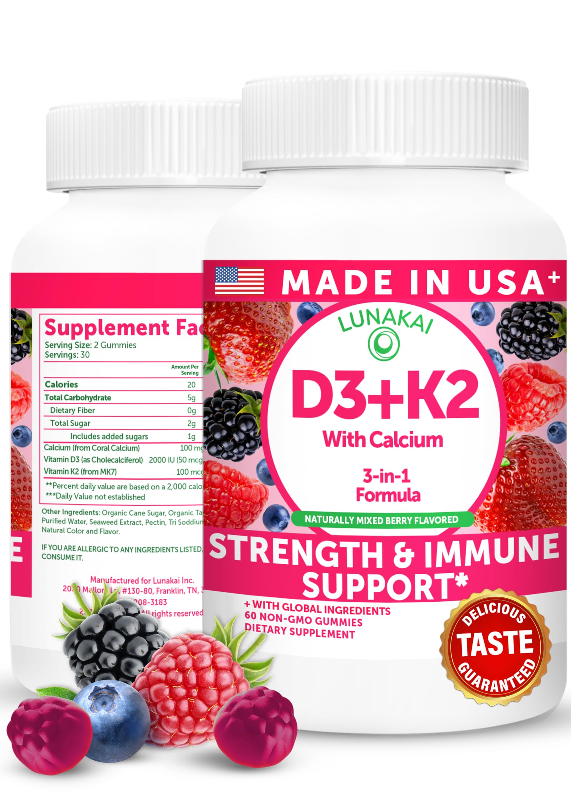 Lunakai D3 K2 Calcium Gummies bottle shows vegan bone-support formula.