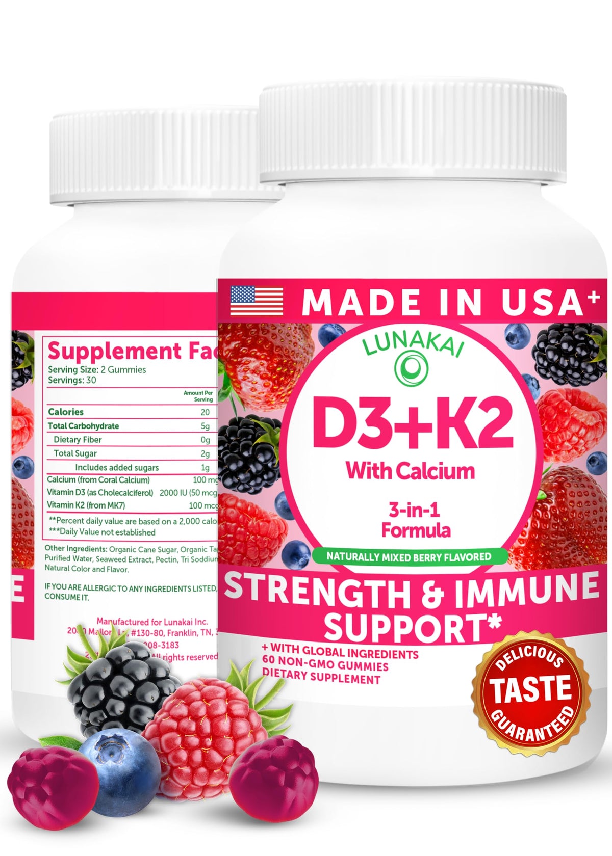 Lunakai D3 K2 Calcium Gummies bottle shows vegan bone-support formula.