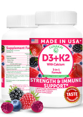 Lunakai D3 K2 Calcium Gummies bottle shows vegan bone-support formula.