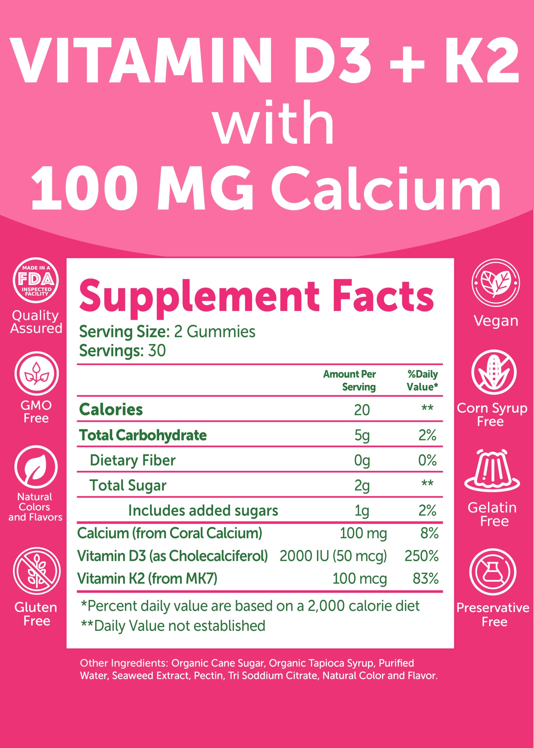Lunakai D3 K2 Calcium Gummies close-up texture suggests chewable convenience.