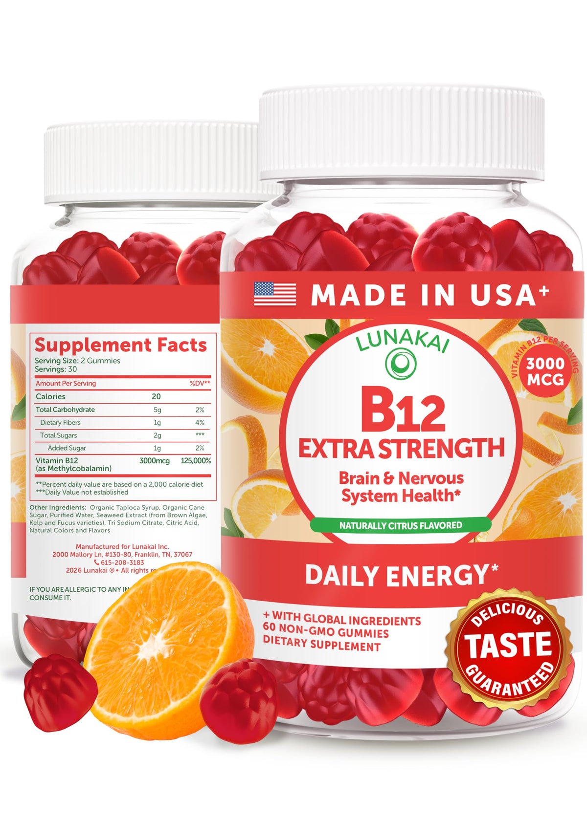 Lunakai Extra Strength B12 gummies bottle front, energy-boosting supplement for daily errands.