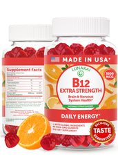 Lunakai Extra Strength B12 gummies bottle front, energy-boosting supplement for daily errands.