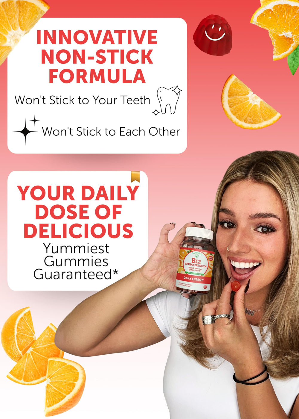Lunakai B12 gummies close-up, citrus flavor for a tasty daily pick-me-up.