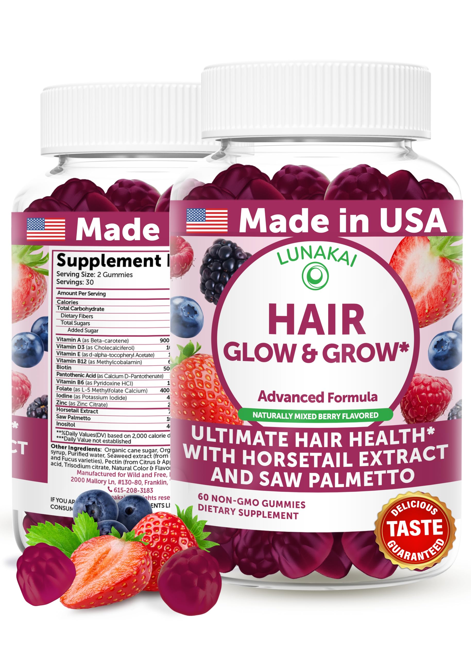 Lunakai hair gummies bottle front, showcasing vegan formula for thicker hair.
