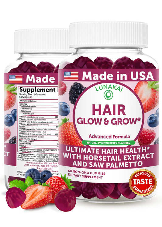 Lunakai hair gummies bottle front, showcasing vegan formula for thicker hair.