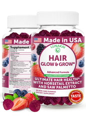 Lunakai hair gummies bottle front, showcasing vegan formula for thicker hair.