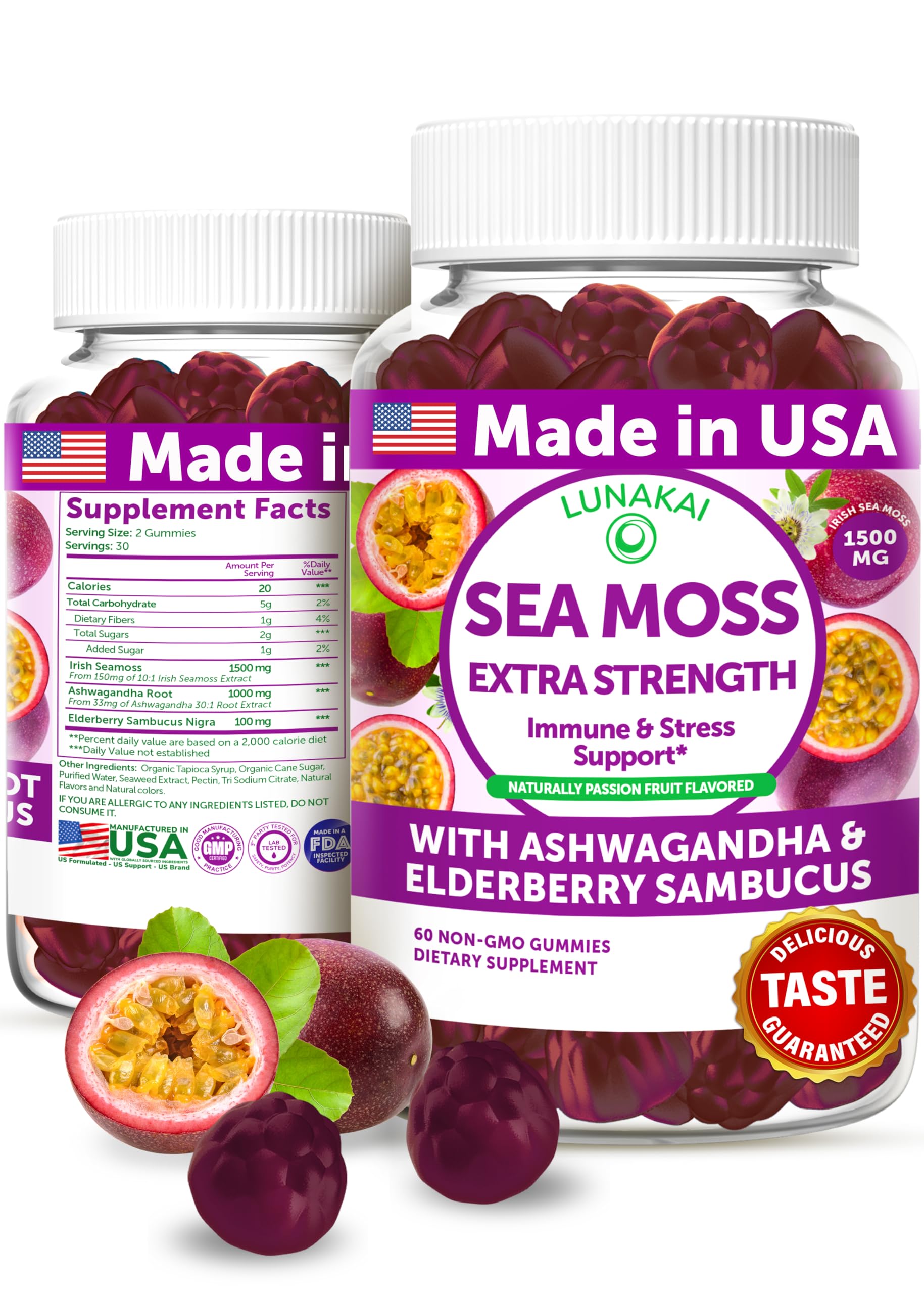 Lunakai Irish Sea Moss Gummies front label shows passion fruit flavor and immune-support ingredients.