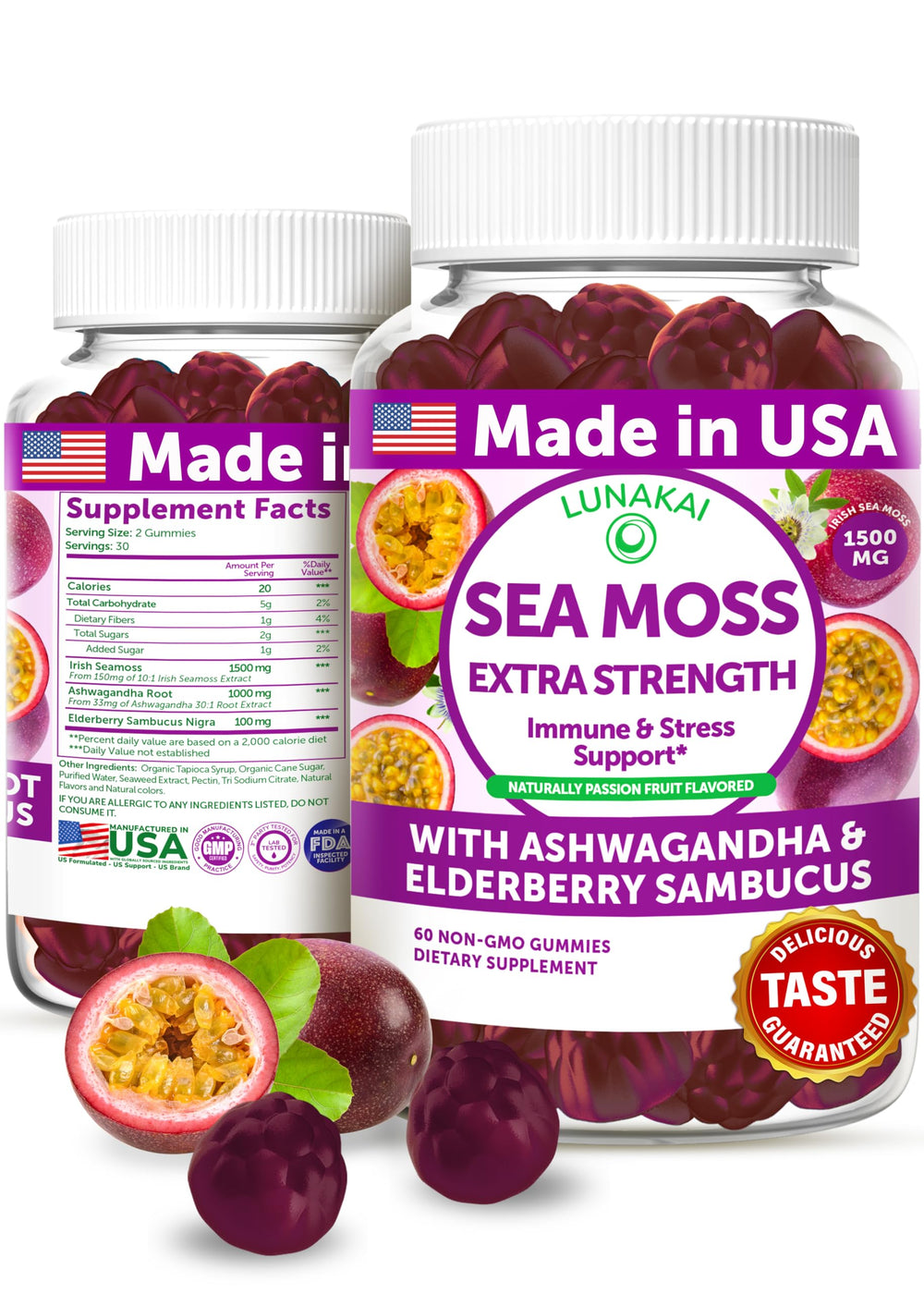 Lunakai Irish Sea Moss Gummies front label shows passion fruit flavor and immune-support ingredients.