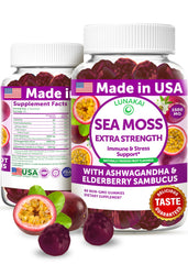 Lunakai Irish Sea Moss Gummies front label shows passion fruit flavor and immune-support ingredients.