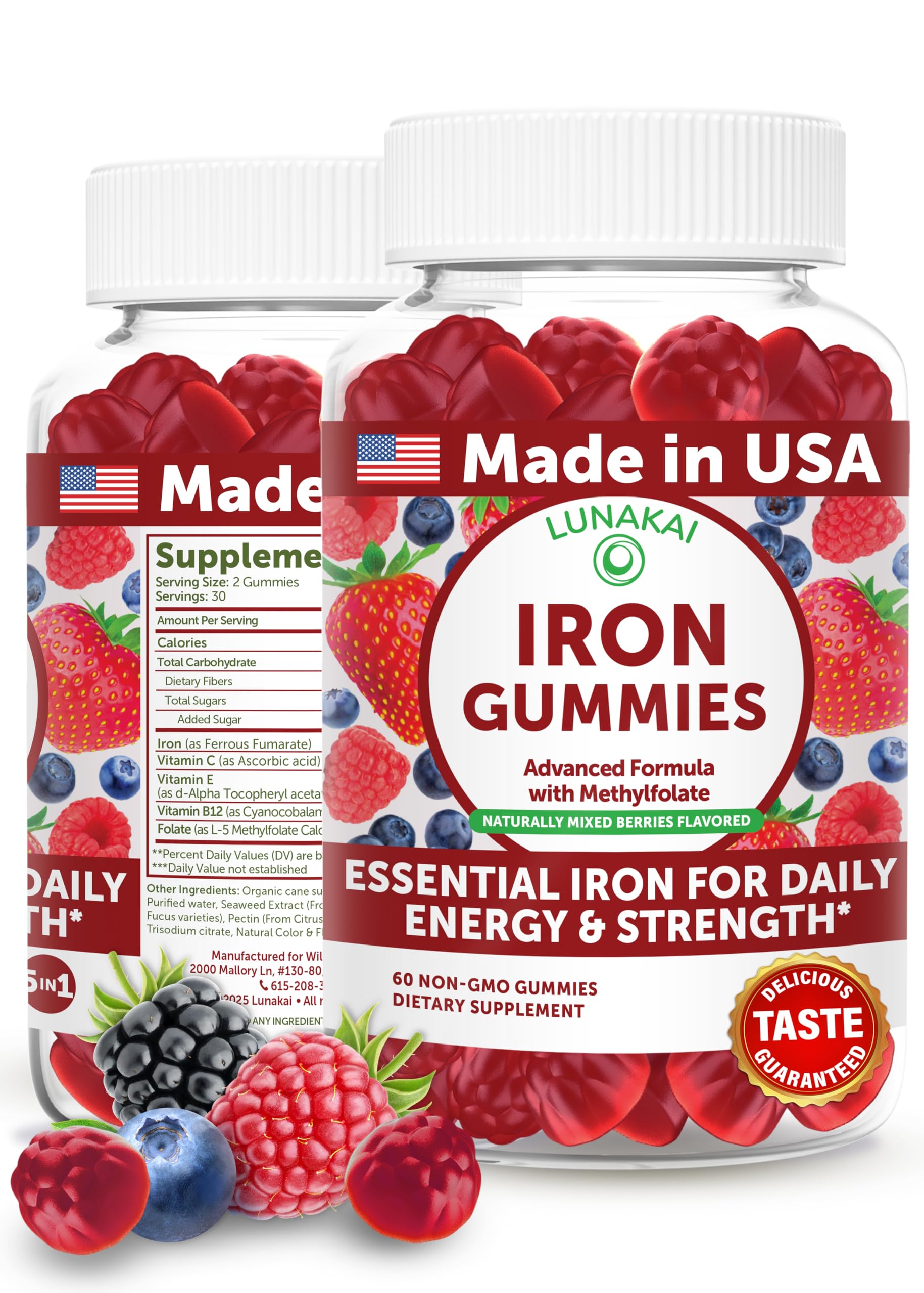 Lunakai iron gummies in a berry bottle, ready for daily wellness with vegan ingredients.