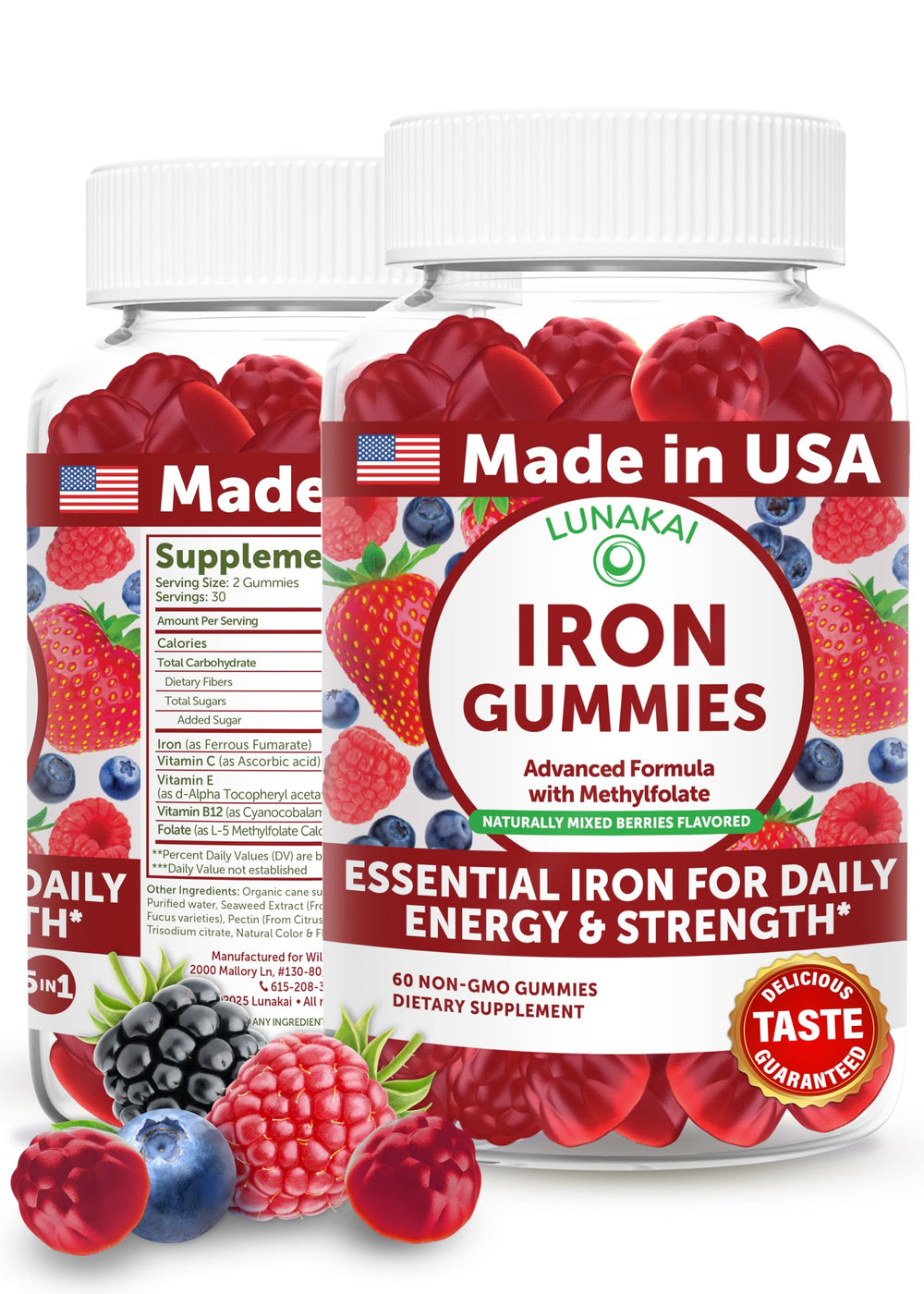 Lunakai iron gummies in a berry bottle, ready for daily wellness with vegan ingredients.