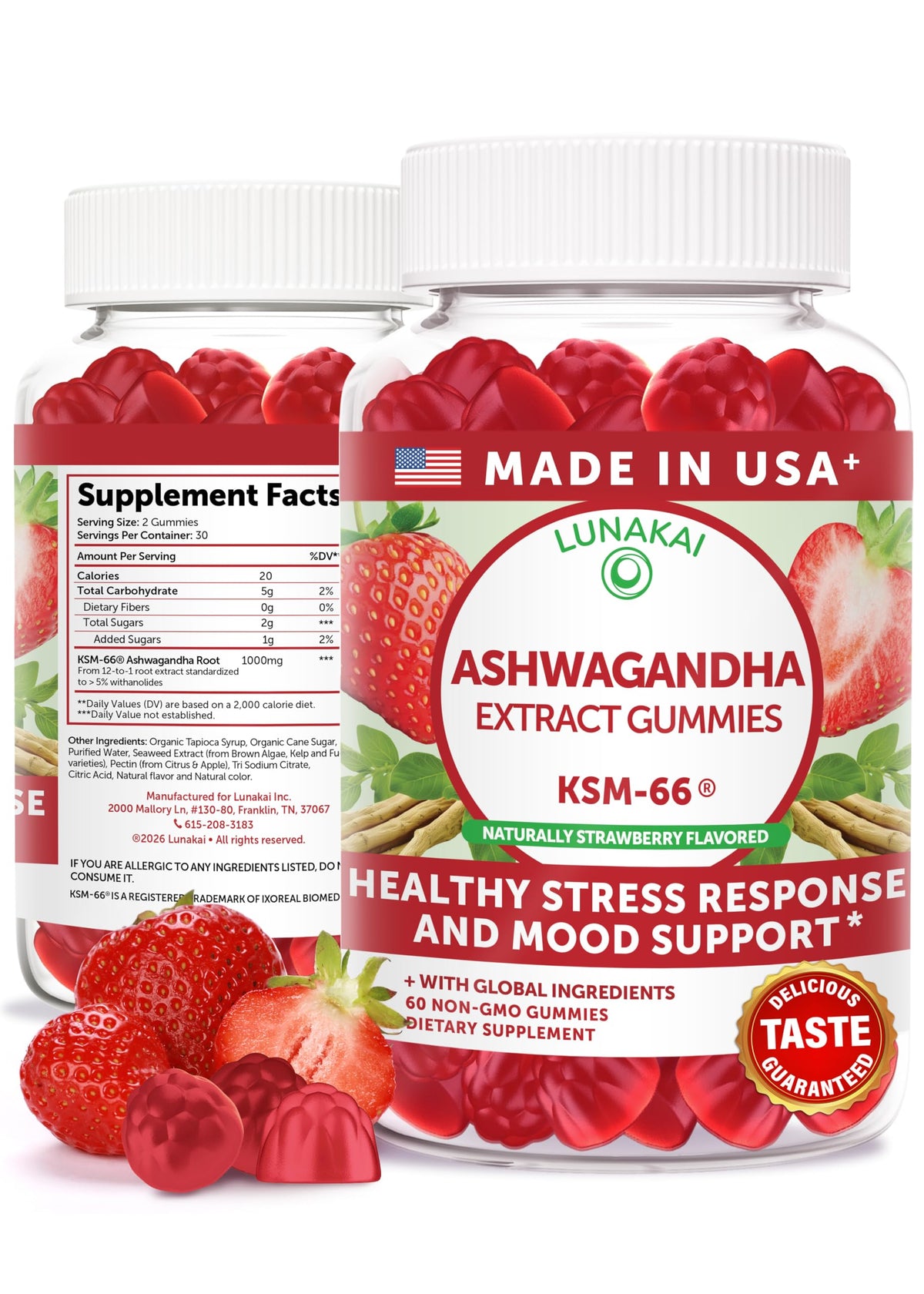Lunakai KSM-66 Ashwagandha gummies bottle supports daily calm and routine