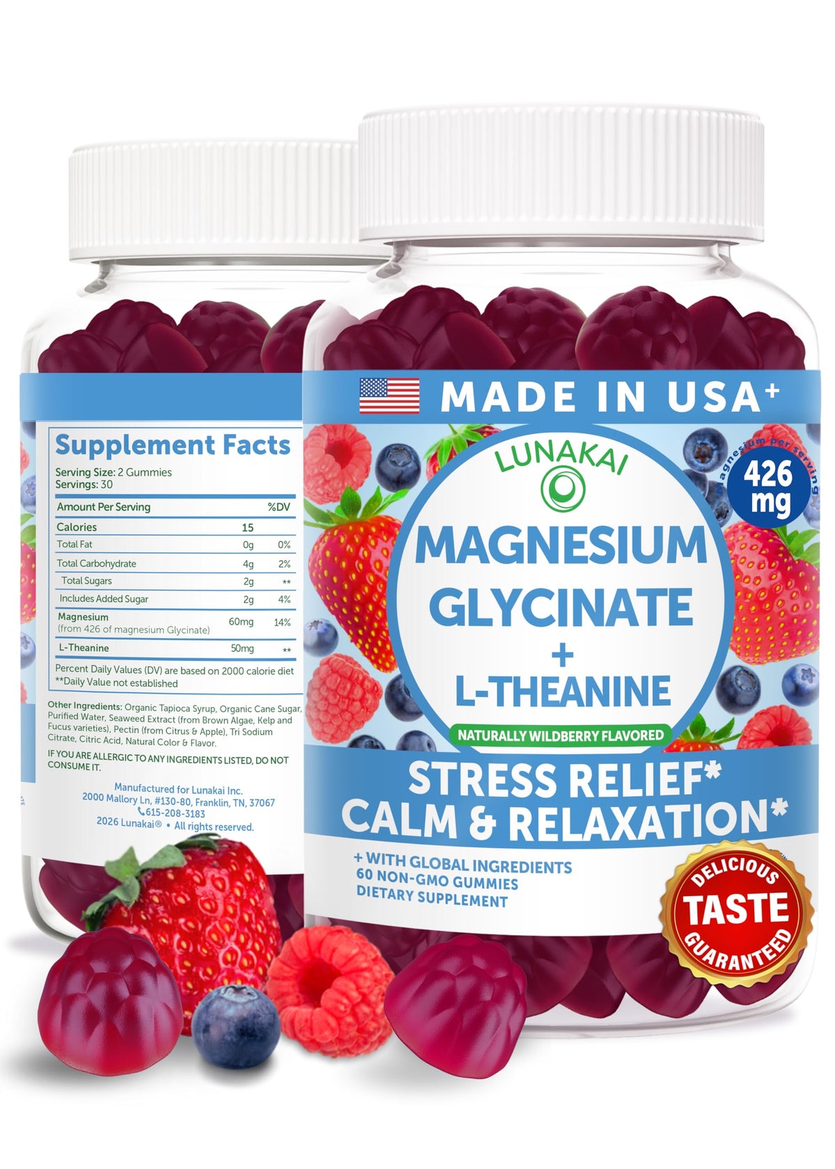 Lunakai magnesium glycinate gummies wildberry bottle for daily support.