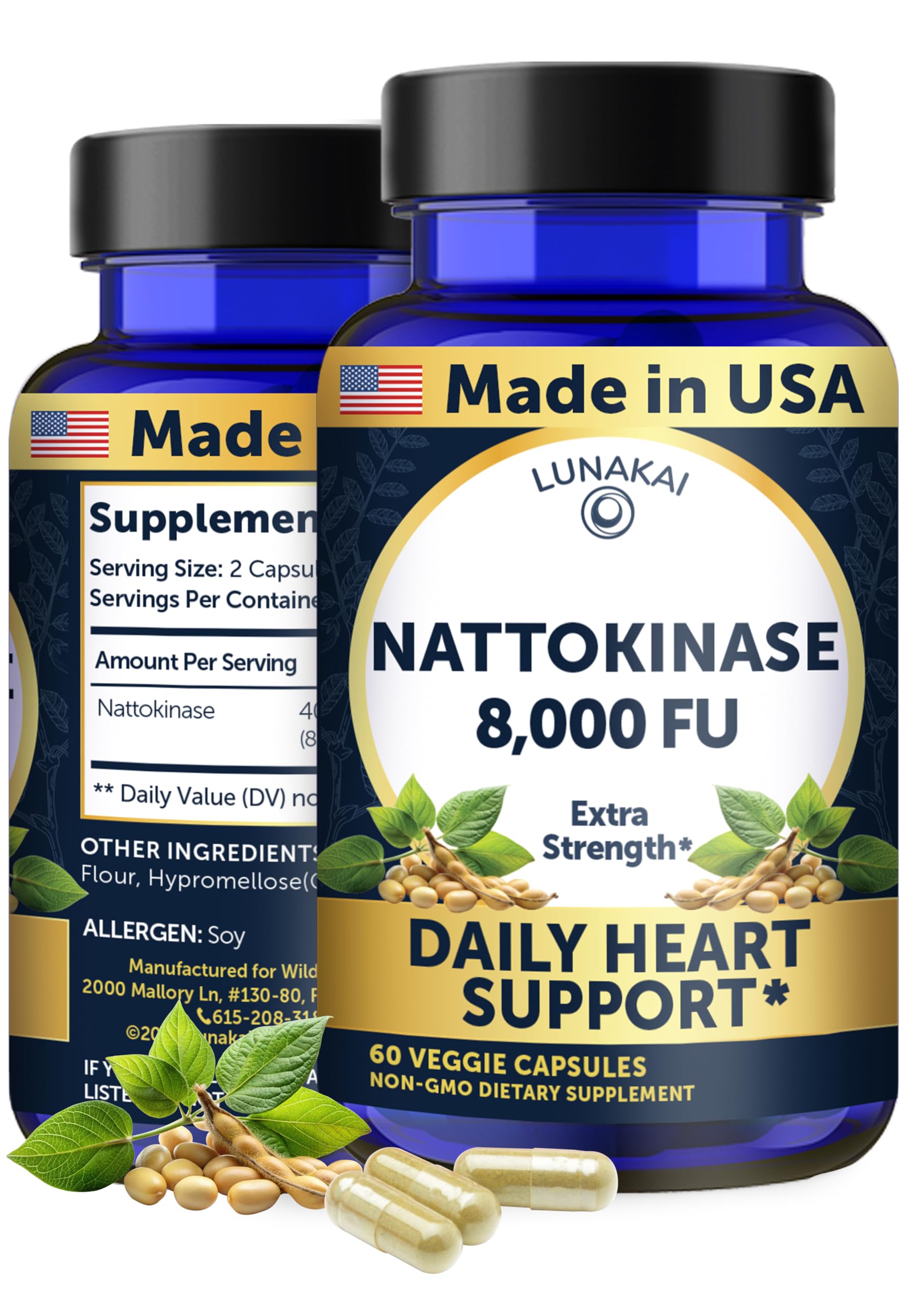 Lunakai nattokinase bottle front view showing easy daily use for circulation support