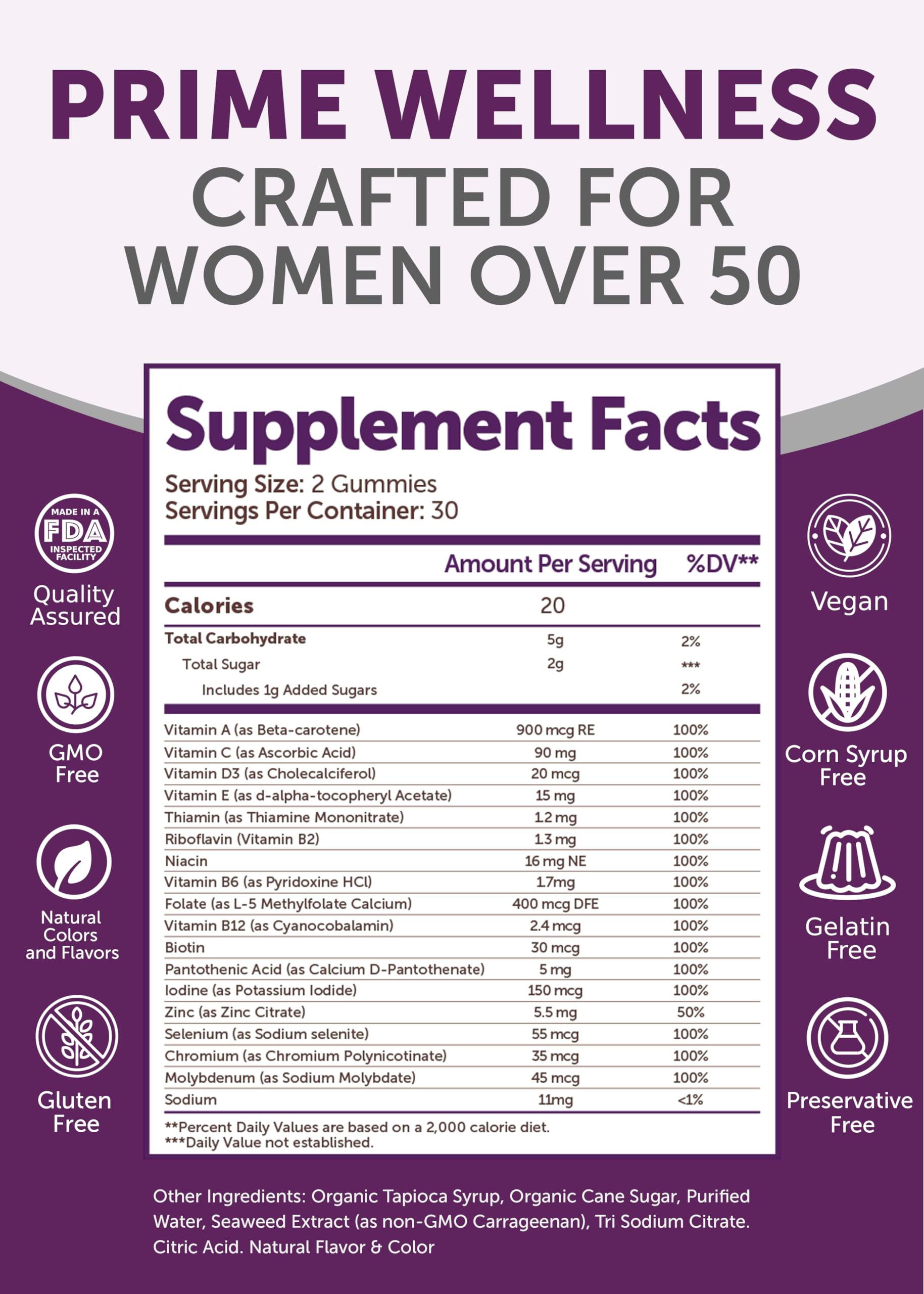 Lunakai nutrition facts panel, highlights essential vitamins.