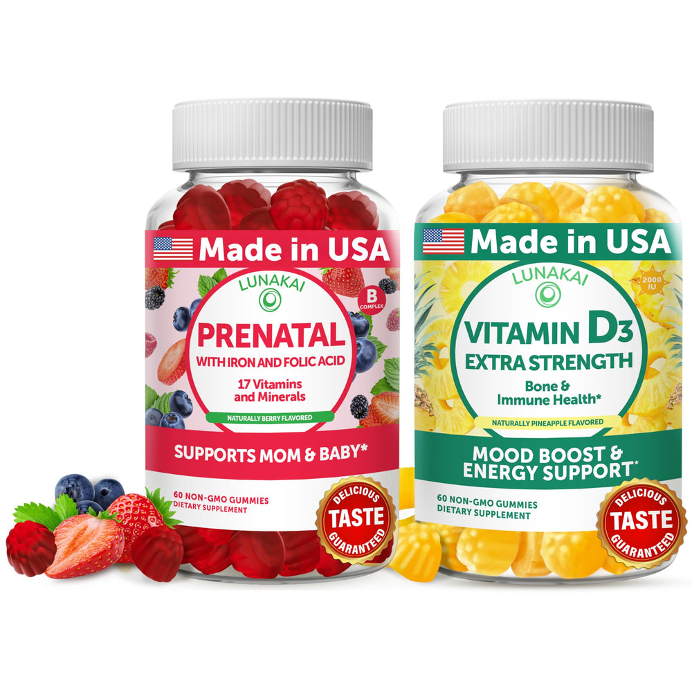 Lunakai Prenatal D3 gummies bottle shows convenient daily multivitamin for adults.
