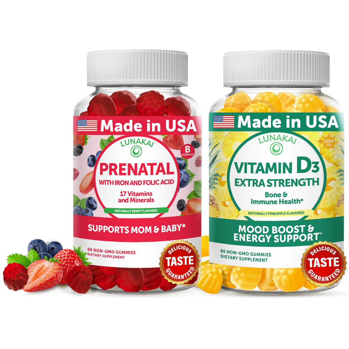 Lunakai Prenatal D3 gummies bottle shows convenient daily multivitamin for adults.