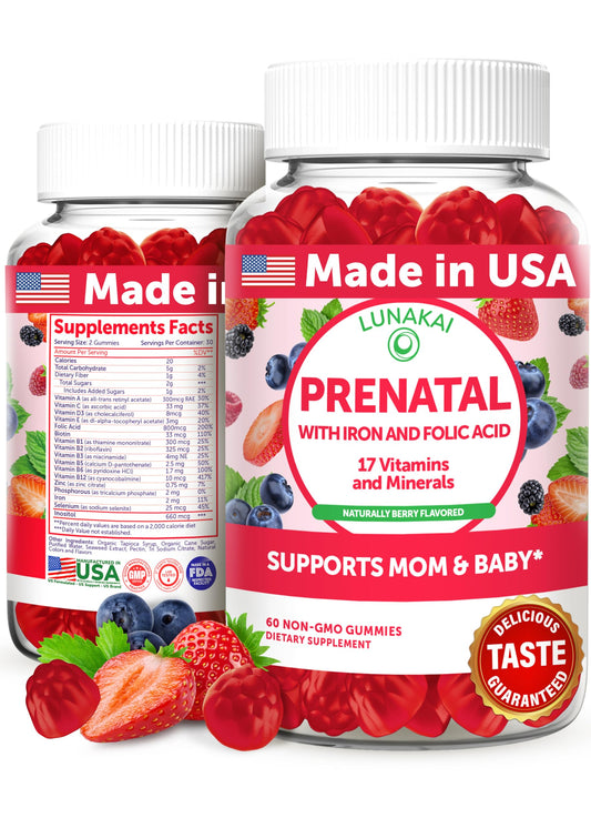 Lunakai prenatal gummies bottle in berry flavor for daily pregnancy support
