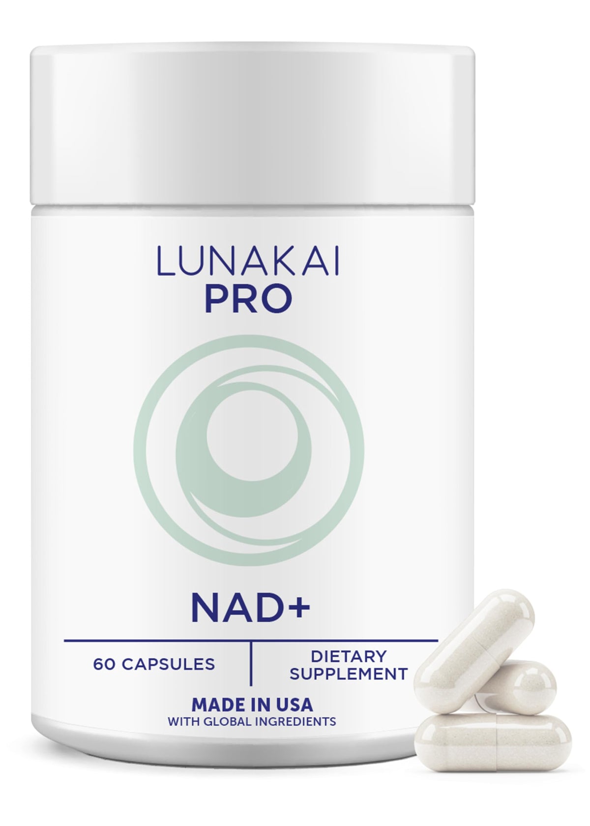Lunakai PRO NAD+ bottle closeup highlights daily energy support.
