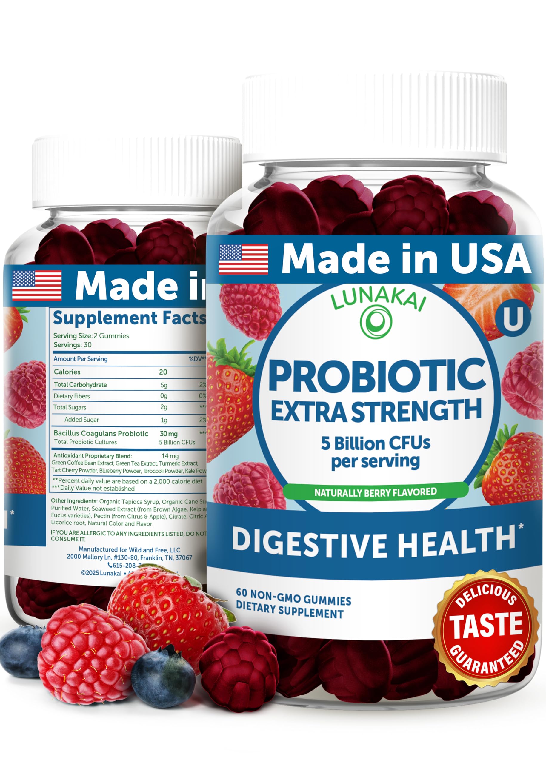 Lunakai probiotic gummies bottle with berry flavor for daily digestive balance.