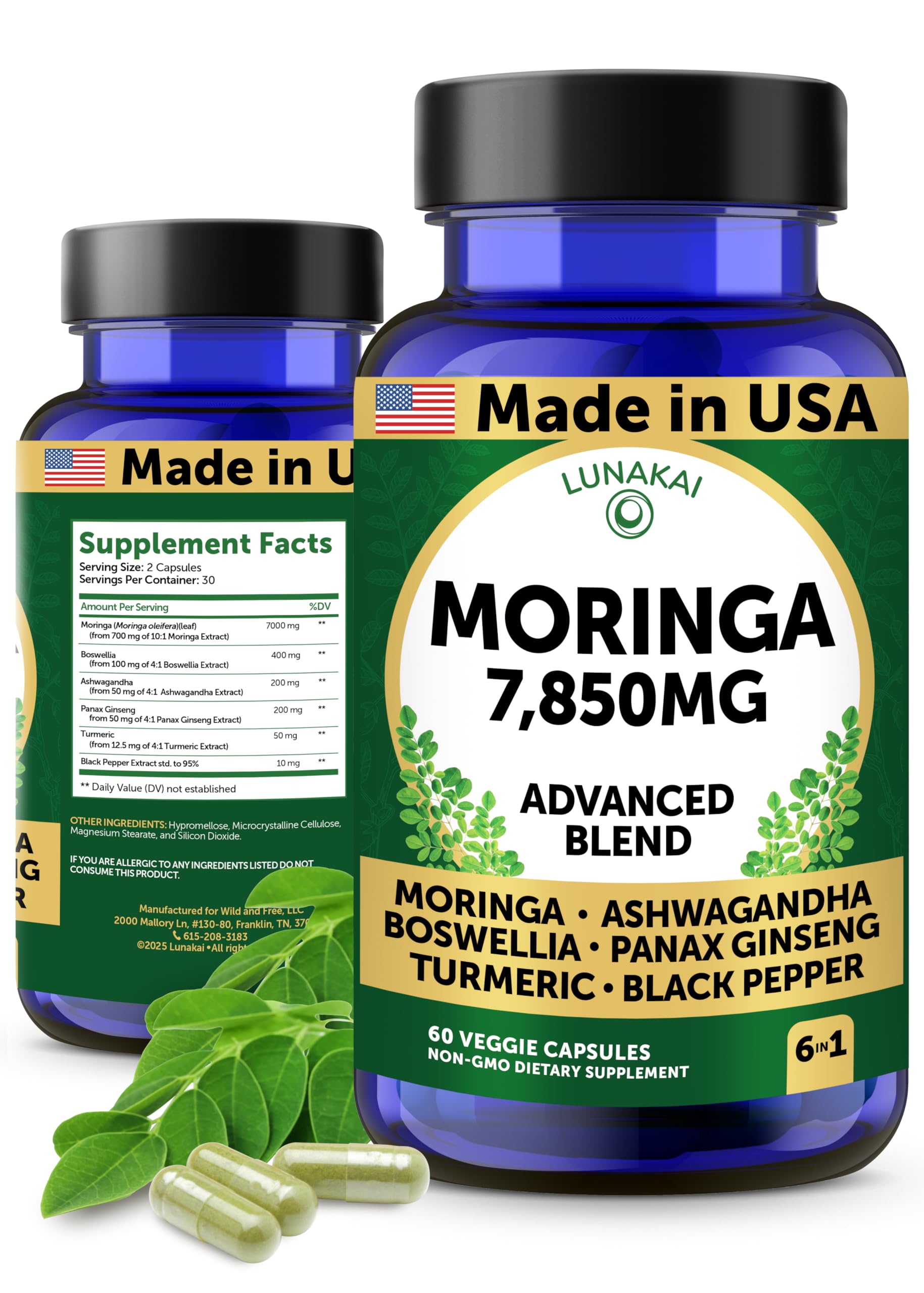 Lunakai Pure Moringa Capsules Bottle – convenient daily wellness boost.