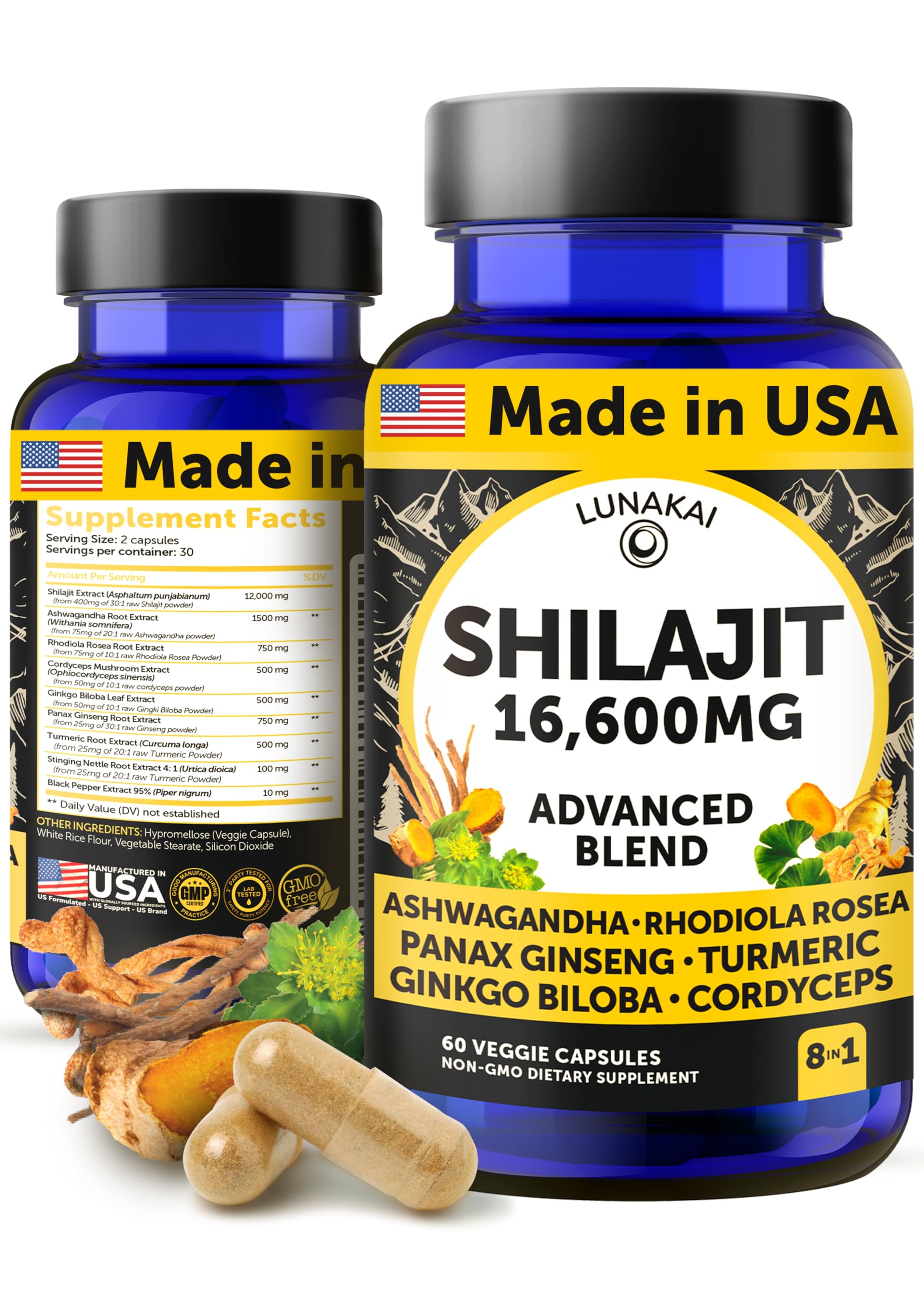 Lunakai pure Shilajit capsules bottle ready for daily energy and wellness support.