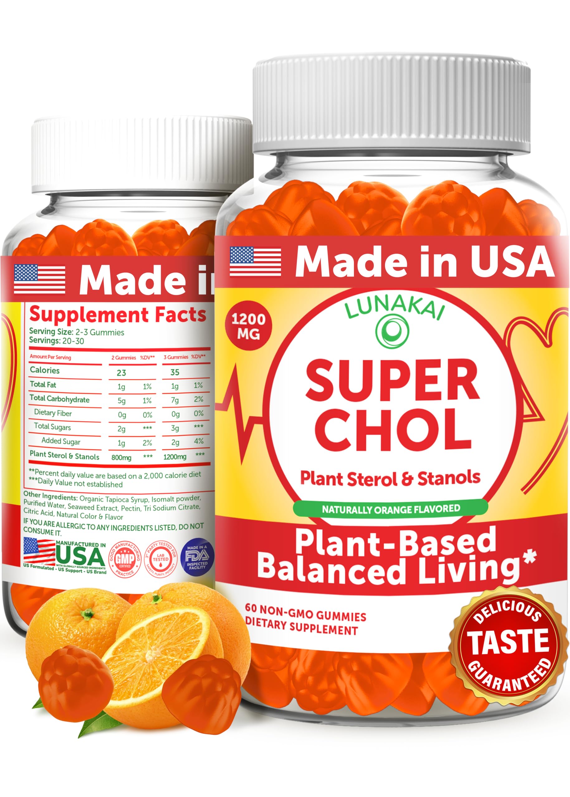 Lunakai Super Chol gummies bottle close-up shows citrus flavor for daily routine.