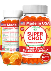 Lunakai Super Chol gummies bottle close-up shows citrus flavor for daily routine.