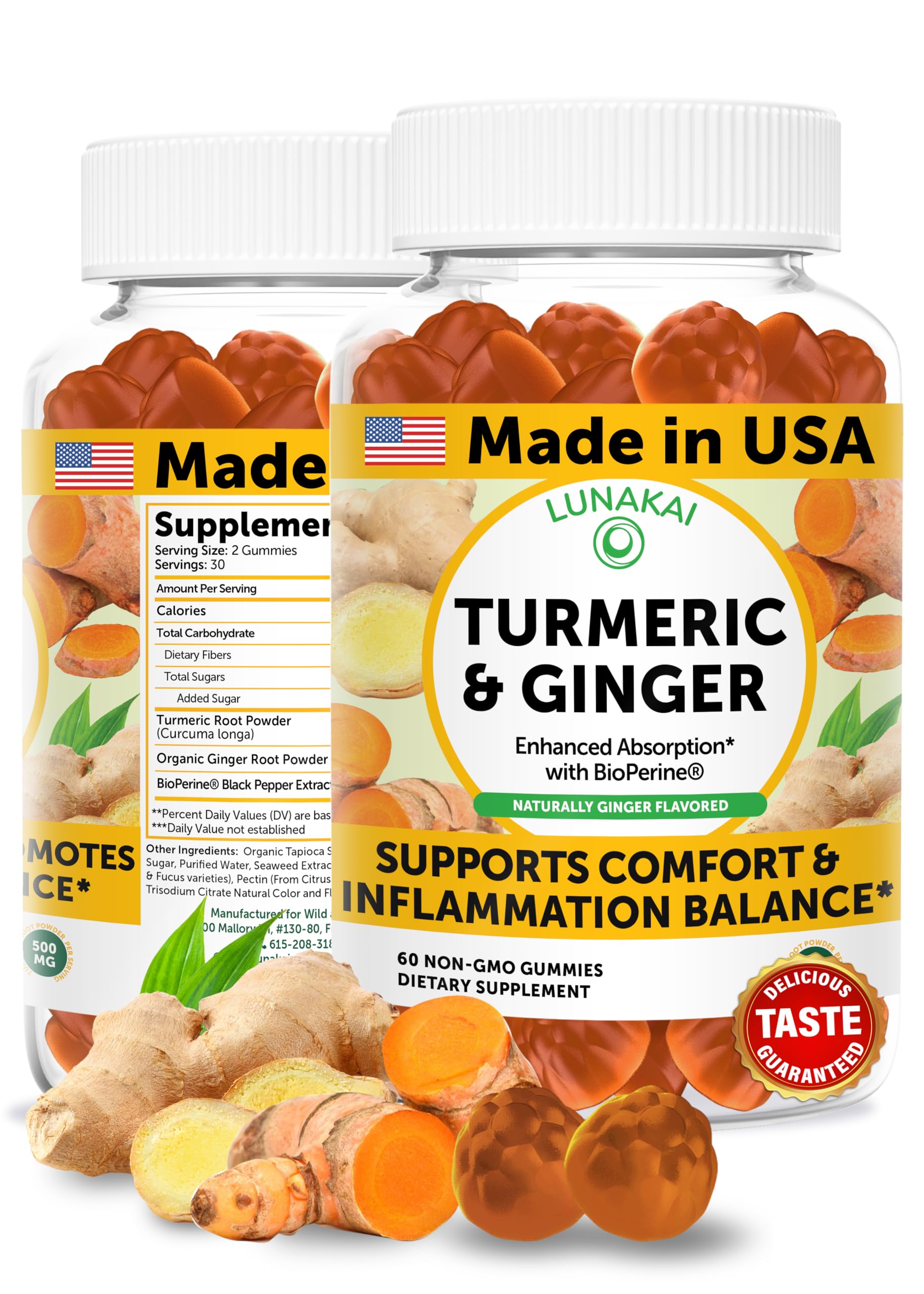 Lunakai turmeric gummies bottle with ginger, a daily wellness option for adults and kids