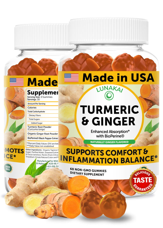 Lunakai turmeric gummies bottle with ginger, a daily wellness option for adults and kids