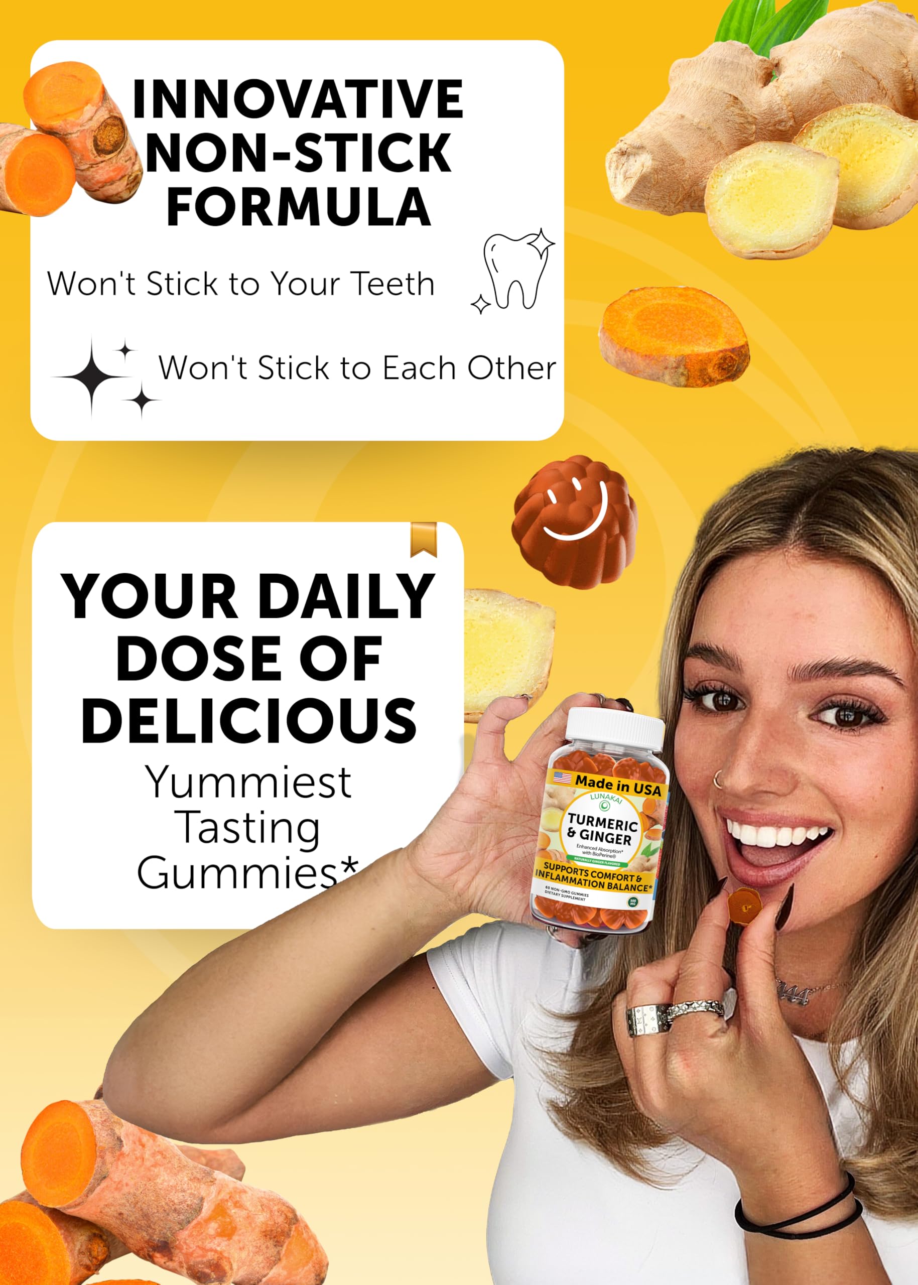Lunakai turmeric ginger gummies closeup, glossy chewy texture